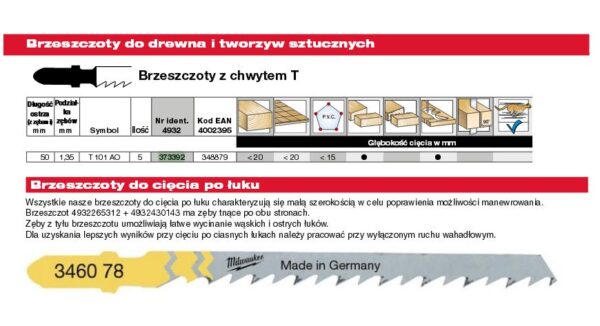 MILWAUKEE BRZESZCZOT DO WYRZYNARKI T101AO 50mm KOMPLET - 5szt. DREWNO/PCV