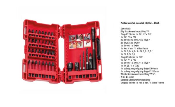 MILWAUKEE ZESTAW KOŃCÓWEK / BITÓW + WIERTŁA  + UCHWYT 40 elem. SHOCKWAVE